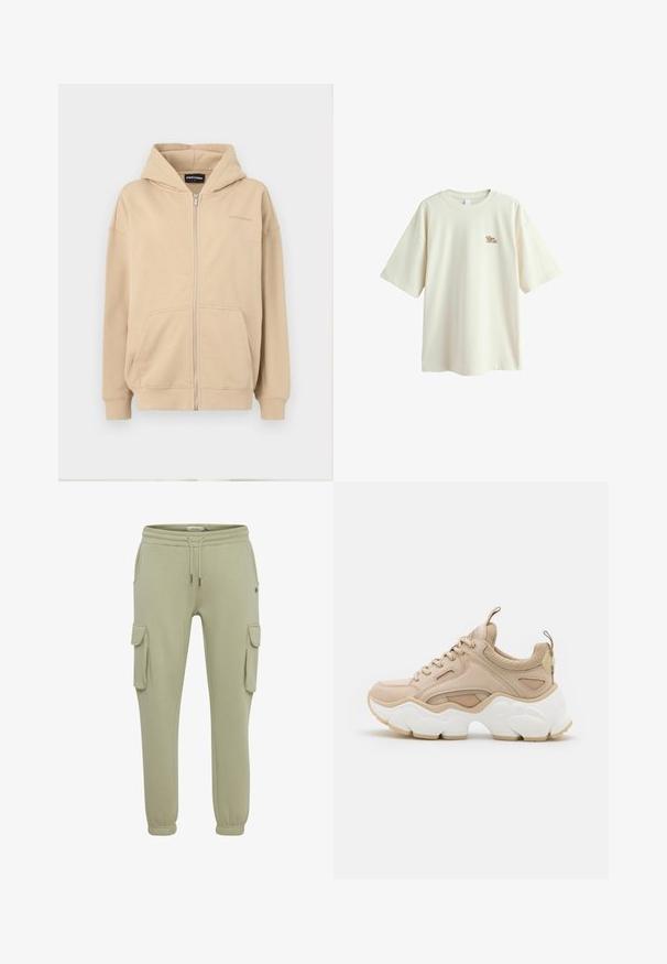Beige lynlås hættejakke med hætte, frontlommer og ribbede manchetter. Lavet af blødt stof, har en diskret logo på brystet.; Kremfarvet oversized kortærmet T-shirt med lille brunt "Edgar Degas" tekst på øverste venstre bryst.; Lysgrønne cargo-sweatpants lavet af blødt stof, med sidelommer, elastiske cuffs og en snøre i taljen for justerbar pasform.; Beige sneakers med en blanding af glatte og teksturerede materialer, en kraftig hvid sål og mesh-detaljer for åndbarhed.