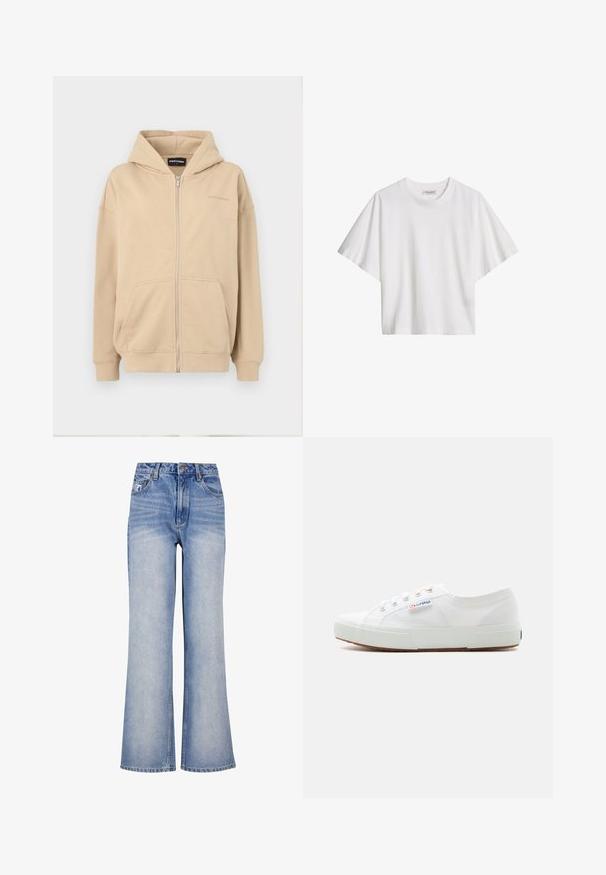 Beige lynlås hættejakke med hætte, frontlommer og ribbede manchetter. Lavet af blødt stof, har en diskret logo på brystet.; Hvid kortærmet løstsiddende bomulds T-shirt med rund halsudskæring og mærkeindvendigt i kraven.; Lys blå denim bred-benede jeans har høj talje, knaplukning, diskret slidmærker og et klassisk fem-lomme design.; Hvid lavtop lærreds-sneaker med hvid gummisål, snørebånd og "Superga" logo på siden.