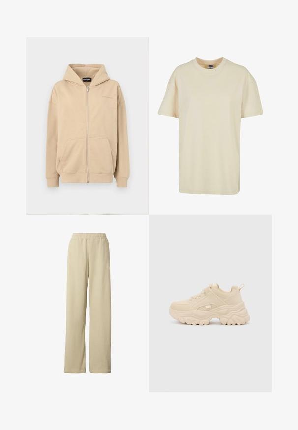 Sudadera con cremallera en color beige, con capucha, bolsillos frontales y puños de canalé. Hecha de una tela suave, presenta un sutil logo en el pecho.; Camiseta de cuello redondo color crema, hecha de algodón suave. Presenta mangas cortas y un corte holgado sin patrones ni acentos visibles.; Pantalones anchos de pierna ancha beige con costillas, cinturilla elástica y un pequeño logo blanco sutil en el muslo superior.; Buffalo GALACTICA - Zapatillas - cream