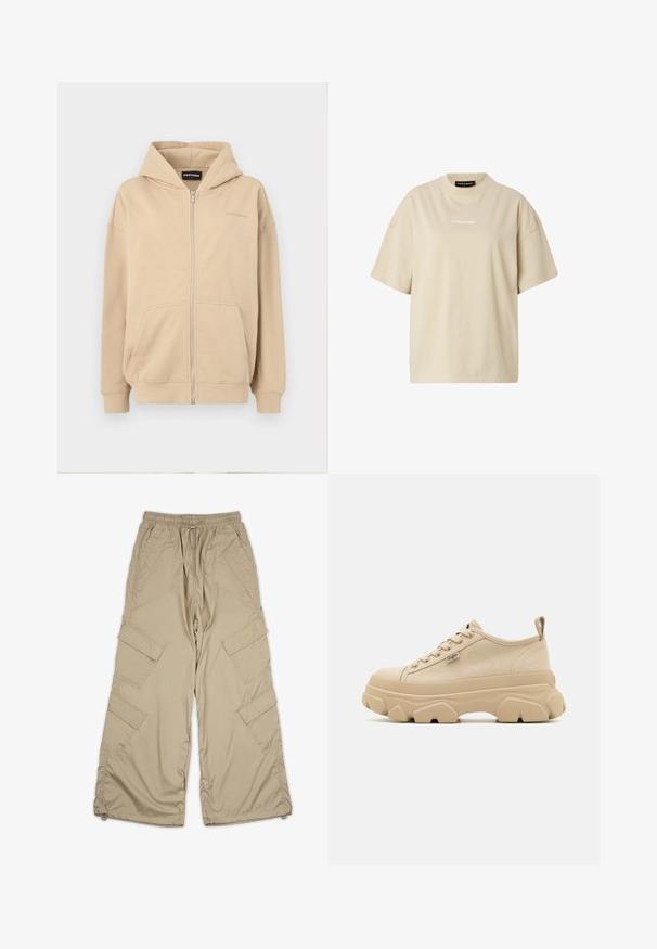 Beige lynlås hættejakke med hætte, frontlommer og ribbede manchetter. Lavet af blødt stof, har en diskret logo på brystet.; Beige oversized T-shirt med korte ærmer, rund hals og lille hvid "REGARD"-logo centreret på brystet.; Beige cargo bukser med snoretræk i taljen, flere sidelommer og en afslappet pasform. Lavet af letvægts, glat stof med syning detaljer.; Beige canvas sneakers med tekstureret overdel, tykke chunky såler og snørebåndsdesign. Har en langtagningssløjfe bagpå hælen og en lille logo detalje.