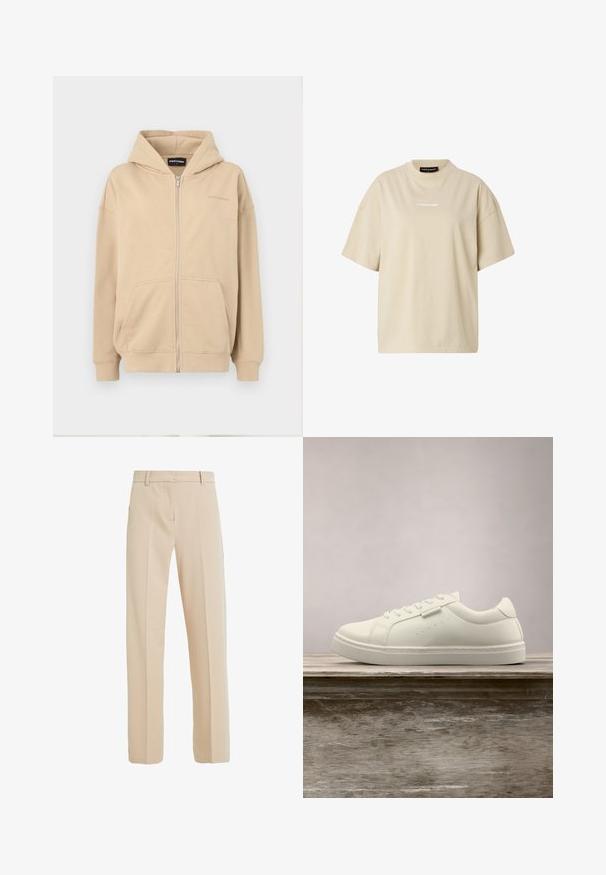 Beige Kapuzenpullover mit Reißverschluss, Fronttaschen und gerippten Bündchen. Hergestellt aus weichem Stoff, mit einem dezenten Logo auf der Brust.; Beiges übergroßes T-Shirt mit kurzen Ärmeln, Rundhalsausschnitt und kleinem weißem "REGARD"-Logo in der Mitte auf der Brust.; Beige maßgeschneiderte Hose aus glattem Stoff, mit geradem Beinanschnitt, seitlichen Taschen und Bügelfalten auf der Vorderseite.; Weißer Leder-Sneaker mit Schnürsenkeln schwebt über einer hölzernen Bank, im Hintergrund ist das grüne hohe Gras unscharf zu sehen.