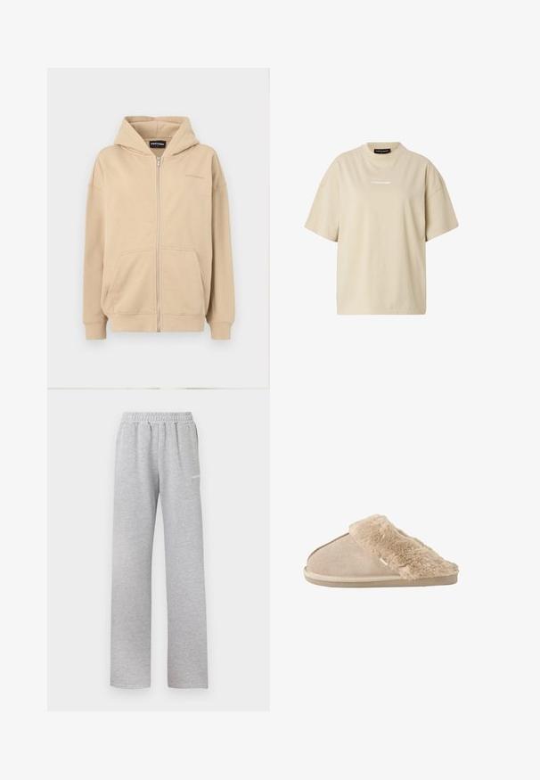 Beige lynlås hættejakke med hætte, frontlommer og ribbede manchetter. Lavet af blødt stof, har en diskret logo på brystet.; Beige oversized T-shirt med korte ærmer, rund hals og lille hvid "REGARD"-logo centreret på brystet.; Lys grå sweatpants med elastisk talje, lige ben design og et lille hvidt logo på venstre lår. Blødt, tekstureret stof.; Beige slip-on tøfler med blødt ruskind yderside og blødt, fluffy inderfor og manchet, designet til komfort indendørs.