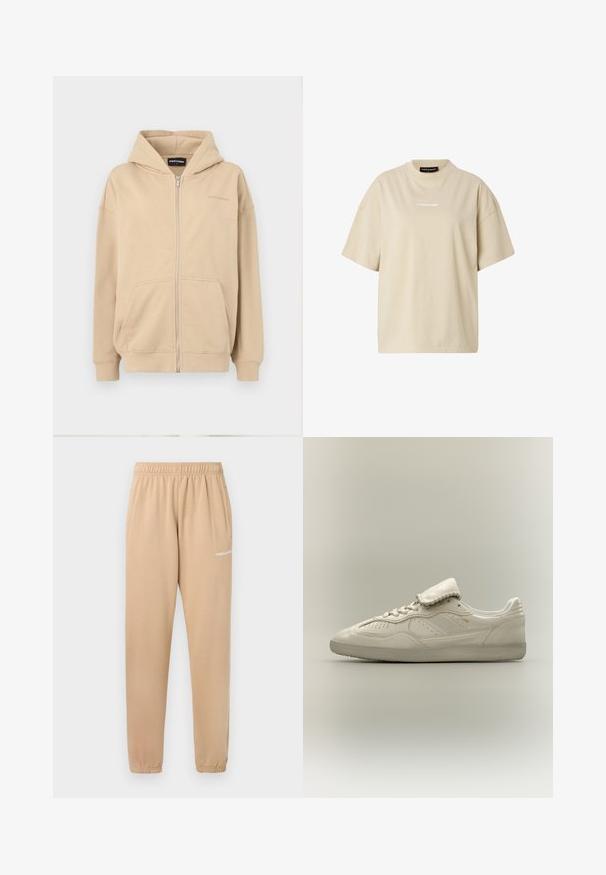 Beige rits hoodie met een capuchon, voorzakken en geribbelde manchetten. Gemaakt van zachte stof, met een subtiele logo op de borst.; Beige oversized T-shirt met korte mouwen, ronde hals en een klein wit "REGARD" logo in het midden van de borst.; Beige trainingsbroek met een elastische tailleband, taps toelopende benen en zijzakken. Bevat kleine witte tekst "PEGADOR" op de linker bovenbeen.; Witte lage sneaker met gestructureerde zool, veters aan de voorkant, gevoerde tong en subtiele gouden branding aan de zijkant, getoond op een neutrale achtergrond.