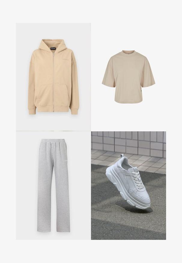 Beige Kapuzenpullover mit Reißverschluss, Fronttaschen und gerippten Bündchen. Hergestellt aus weichem Stoff, mit einem dezenten Logo auf der Brust.; Beige T-Shirt mit kurzen Ärmeln und rundem Halsausschnitt, aus Baumwolle. Besonders lockere Passform und seitliches Logo-Detail mit grünem Akzent.; Helle graue Sweatpants mit einem elastischen Bund, geradem Bein Schnitt und einem kleinen weißen Logo auf dem linken Oberschenkel. Weicher, strukturiert Stoff.; Weiße Leder-Sneaker mit einer dicken, strukturierten Gummisohle, ausgestattet mit Schnürverschluss und Nahtdetails. Rund zulaufende Zehenkappe und unterstützendes Design für den Knöchel.