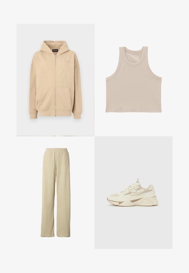 Haut à capuche beige zippé avec capuche, poches avant et poignets côtelés. Fait en tissu doux, il présente un logo subtil sur la poitrine.; Crop top sans manches côtelé beige avec larges emmanchures et encolure ronde.; Pantalon large beige côtelé avec taille élastique et petit logo blanc discret sur la partie supérieure de la cuisse.; Sneaker FILA crème et beige avec des panneaux en mesh, semelle épaisse et design à lacets, vue de côté sur un fond uni.