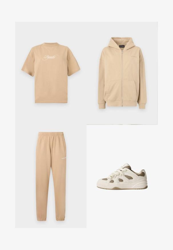 Beige rits hoodie met een capuchon, voorzakken en geribbelde manchetten. Gemaakt van zachte stof, met een subtiele logo op de borst.; Beige katoenen t-shirt met korte mouwen, ronde halslijn en witte cursieve tekst op de voorkant met de tekst "Pegador Dreams Come True."; Beige trainingsbroek met een elastische tailleband, taps toelopende benen en zijzakken. Bevat kleine witte tekst "PEGADOR" op de linker bovenbeen.; Witte en beige sneaker met mesh panelen, ronde neus, dikke zool en vetersluiting. Beschikt over textuuraccenten en een geprofileerde zool.