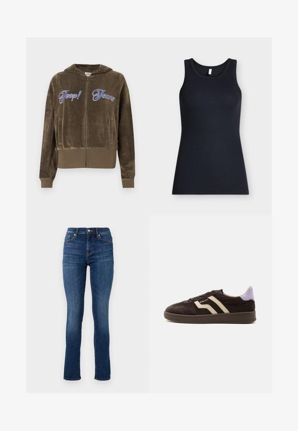 Brauner Velour-Zip-Hoodie mit Fronttaschen, gerippten Bündchen und Saum sowie blau gesticktem "Joop! Jeans" Schriftzug auf der Brust.; Schwarzes ärmelloses, geripptes Tanktop mit rundem Ausschnitt, flach auf hellem Hintergrund dargestellt.; Dunkelblaue Skinny Jeans aus Denim, mit einem standardmäßigen Bund, Fronttaschen und dezenten Steppnähten.; Dunkelbrauner Cord-Sneaker mit beigen Seitenstreifen, Schnürdesign, lila Fersenlasche und Gummisohle vor weißem Hintergrund.