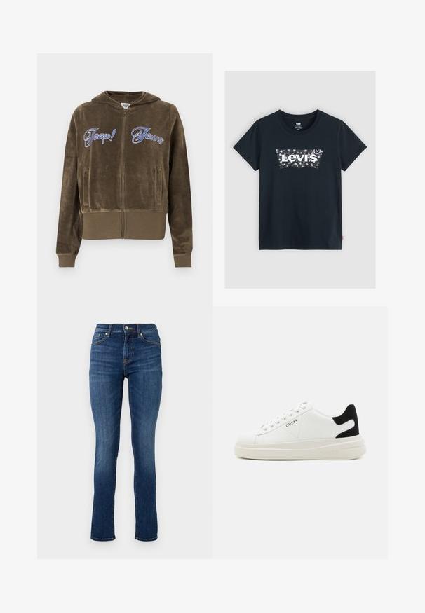 Brun velour hættejakke med lynlås, forlommer, ribstrikkede manchetter og kant samt blå broderet "Joop! Jeans" tekst på brystet.; Marineblå bomulds T-shirt med et hvidt stjernespejlet Levi's-logo designet på forsiden. Kortærmede og rund halsudskæring. Lille rød mærke på kanten.; Mørkeblå skinny jeans lavet af denim, med en standard talje, frontlommer og diskrete syninger.; Hvide lædersneakers med en tyk hvid sål, sort ruskindhælvægt og prægede logoer på siden. Snørebåndsdesign med seks øjer.