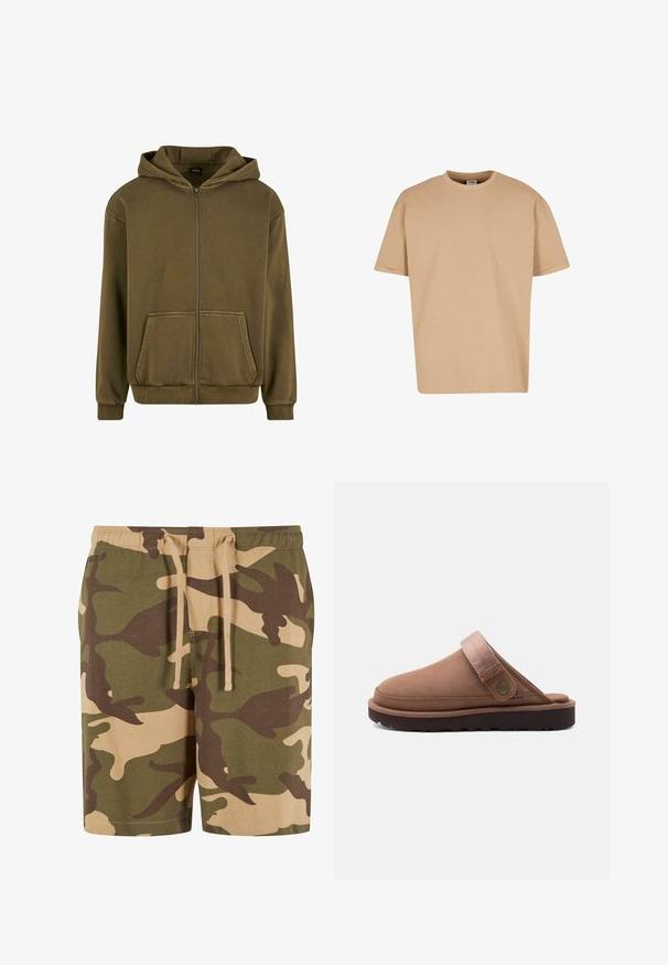 Urban Classics VINTAGE - Sweatjakke - warmkhaki; Urban Classics CUFF TEE - T-shirts basic - unionbeige; Kamuflage shorts i bomuldsblanding med grønne, brune og beige mønstre. Har en elastisk talje med snøre. Casual pasform og knælangt design.; Brun slip-on clog med justerbar stofrem og metalknap, med en tyk sort robust sål til udendørs brug.
