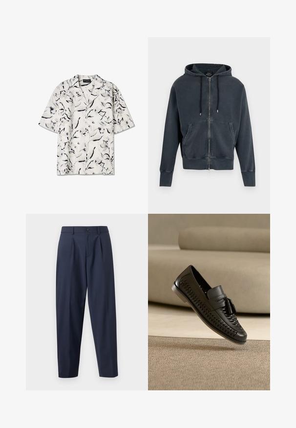 Donkergrijze hoodie met ritssluiting, voorzakken, capuchon met trekkoord en geribbelde manchetten, weergegeven op een witte achtergrond.; Korte mouw, open-kraag shirt met een witte basis en zwarte en grijze bloemenpatronen. Lichtgewicht stof met knoopdetails.; Navyblauwe op maat gemaakte broek met plooien, gemaakt van een gladde stof. Heeft een knoopsluiting en een taps toelopend ontwerp.; Zwarte leren gevlochten loafer met kwastjes, met de zool omhoog gericht op een beige tapijt voor een beige bankenachtergrond.