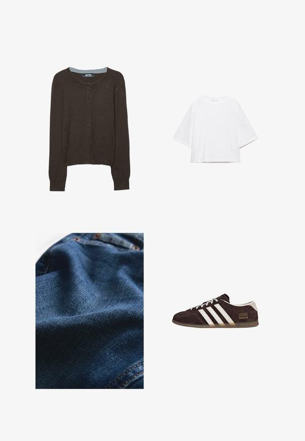 Brun strikket cardigan med lange ærmer, rund halsudskæring og knaplukning. Har en kontrasterende grå indvendig halsudskæring og ribstrikkede manchetter.; Hvid, kortærmet, løs t-shirt lavet af blød bomuld. Har rund halsudskæring og brede ærmer, med et rent, enkelt design.; Denimstof i mørkeblå, med en glat tekstur og subtile vævningsvariationer samt kontrasterende syningsdetaljer.; Brune ruskindssneakers med tre hvide striber, gummisål og tekstlabel med ordene "Gazelle" i guld. Snørebåndsdesign med grå snørebånd.