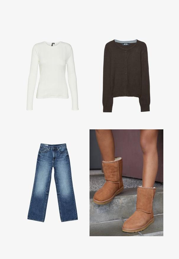 Brun strikket cardigan med lange ærmer, rund halsudskæring og knaplukning. Har en kontrasterende grå indvendig halsudskæring og ribstrikkede manchetter.; Hvid langærmet skjorte med rund halsudskæring. Stoffet har et struktureret mønster med lodrette linjer og ribbede detaljer.; Blå vidtsiddende jeans i denim med forlommer og møntlomme foran, knaplukning og falmet vask på lår og knæ.; Brune ruskind ankelstøvler med rund tå, blødt foer og gummisål, der har synlige stikninger langs sømmene.