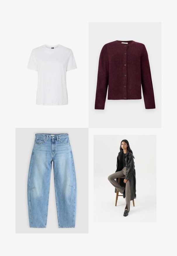 Bordeaux cardigan gemaakt van zachte stof, met lange mouwen, een ronde halslijn en zes knoopsluitingen aan de voorkant.; Effen witte T-shirt met korte mouwen en ronde hals, weergegeven op een witte achtergrond zonder zichtbare patronen of logo’s.; Lichtblauwe denim jeans met een relaxte pasvorm, met een hoge taille, rechte pijpen en subtiele stiksels op de voorzakken.; Zwarte leren trenchcoat met knopen en riemdetails, gecombineerd met lichtbruine getailleerde broek en zwarte loafers, zittend op een houten kruk.