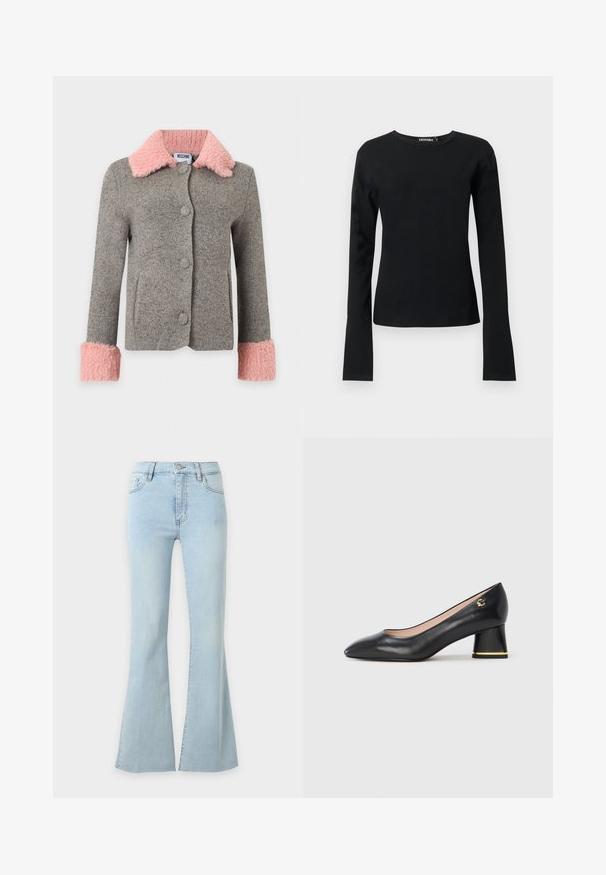 Veste en laine grise avec grand col et poignets en fausse fourrure rose, boutons sur le devant et poches latérales.; T-shirt noir ajusté à manches longues avec col rond, ourlet droit et tissu lisse, présenté sur un fond clair uni.; Jean en denim bleu clair taille haute avec jambes évasées, fermeture par bouton et fermeture éclair, poches avant et arrière.; Escarpin en cuir noir avec un bout pointu, un talon bloc arrondi orné d'accent doré et une texture lisse. Intérieur doublé. Design simple.
