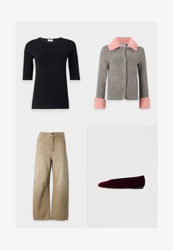 Veste en laine grise avec grand col et poignets en fausse fourrure rose, boutons sur le devant et poches latérales.; Haut noir à manches longues fabriqué en tissu doux et extensible. Dispose d'un col rond et d'une silhouette ajustée avec des manches de longueur intermédiaire.; Jean denim beige à jambes larges avec bouton à l’avant, fermeture éclair, poches avant et coutures visibles sur un fond clair uni.; Ballerines en velours bordeaux avec un bout arrondi et un talon bas, présentant une texture lisse et un design élégant.