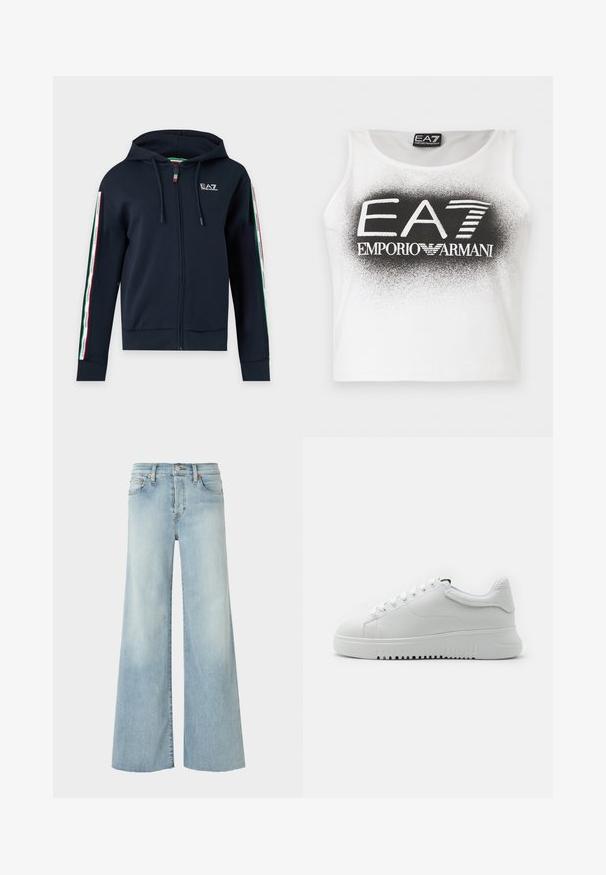 Sweat à capuche zippé noir avec logo EA7 sur la poitrine et bande rayée rouge, blanche et verte avec logo courant le long des deux manches et des cordons de la capuche.; Haut court blanc sans manches avec effet peinture en spray noire et logo "EA7 Emporio Armani" en gros caractères centré sur le devant.; RE/DONE MID RISE PALAZZO - Jean boyfriend - blue denim; Baskets blanches avec une tige en cuir texturé, bout rond et lacets. Semelle en caoutchouc blanc épaisse avec un motif de traction texturé.