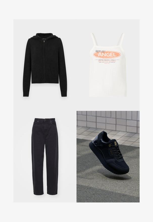 Sweat à capuche noir zippé avec un motif en maille texturée, une capuche et des poignets et un ourlet côtelés. Présente une silhouette moderne et ajustée.; Débardeur blanc à fines bretelles avec les inscriptions "Replay Angel" et "Hard Riding Girls" en orange et noir sur le devant.; Jeans noirs taille haute en denim. Design à jambes droites avec fermeture à bouton et à zip. Présente des poches frontales et une coupe classique.; Baskets noires avec une tige en mesh, des accents brillants, des éléments en or, une semelle texturée et un col rembourré pour le confort.