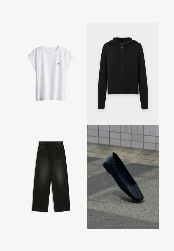 Zwarte hoodie met ritssluiting, een textuurgebreid patroon, capuchon en geribbelde manchetten en zoom. Heeft een modern, aangesloten silhouet.; Witte katoenen t-shirt met korte opgerolde mouwen en een ronde hals, met een klein zwart bedrukt hartlogo op de linkerkant van de borst.; Zwarte denim jeans met wijde pijpen, knoop- en ritssluiting aan de voorkant, riemlussen en twee voorzakken op een witte achtergrond.; Zwarte leren platte schoen staat rechtop op een asfaltoppervlak nabij de rand van een betegeld trottoir.