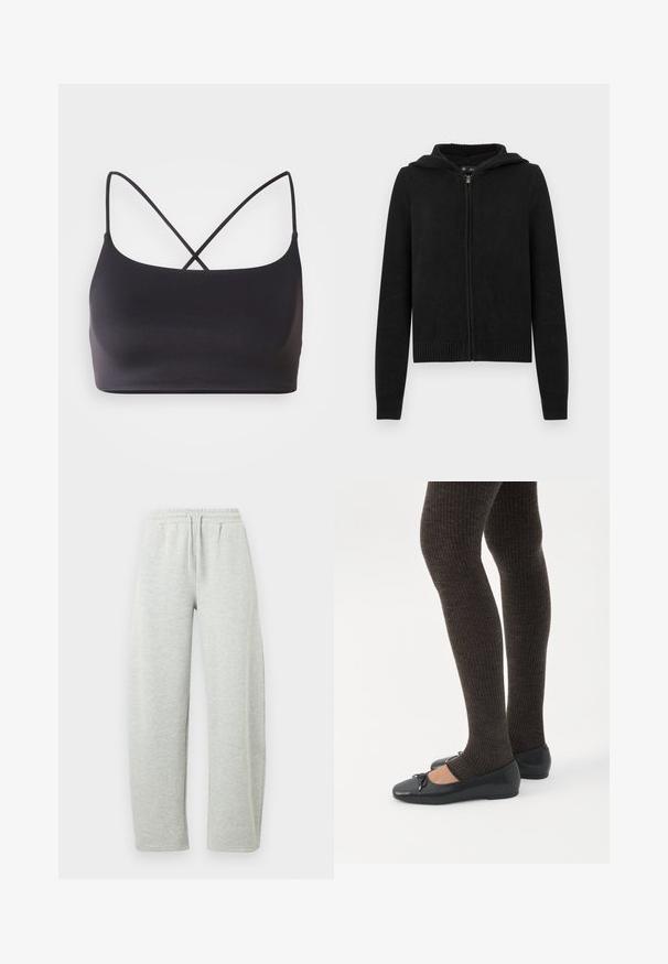 Sort lynlåstrøje med hætte i tekstureret strik, hætte samt ribstrikkede manchetter og kant. Har en moderne, tætsiddende silhuet.; Sort bralette med en glat overflade, der har tynde stropper, som krydser hinanden på ryggen for et minimalistisk design.; Lysegrå joggingbukser med elastisk linning og snørre. Stoffet har en blød tekstur og lige, løstsiddende ben.; Ben iført mørke ribbede leggings kombineret med sorte balletsko med små sløjfedetaljer på hvid baggrund.