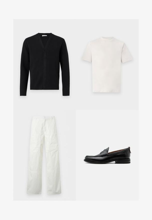 Cardigan noir à manches longues avec col en V et devant sans boutons, présenté sur un fond blanc uni.; T-shirt blanc uni à manches courtes et col rond, présenté à plat sur un fond blanc.; Pantalon blanc à jambes larges avec taille boutonnée et deux grandes poches cargo boutonnées sur les cuisses, présenté à plat sur fond blanc.; Mocassin homme en cuir noir avec couture moc toe, bride penny, col texturé et petit talon empilé sur fond blanc.