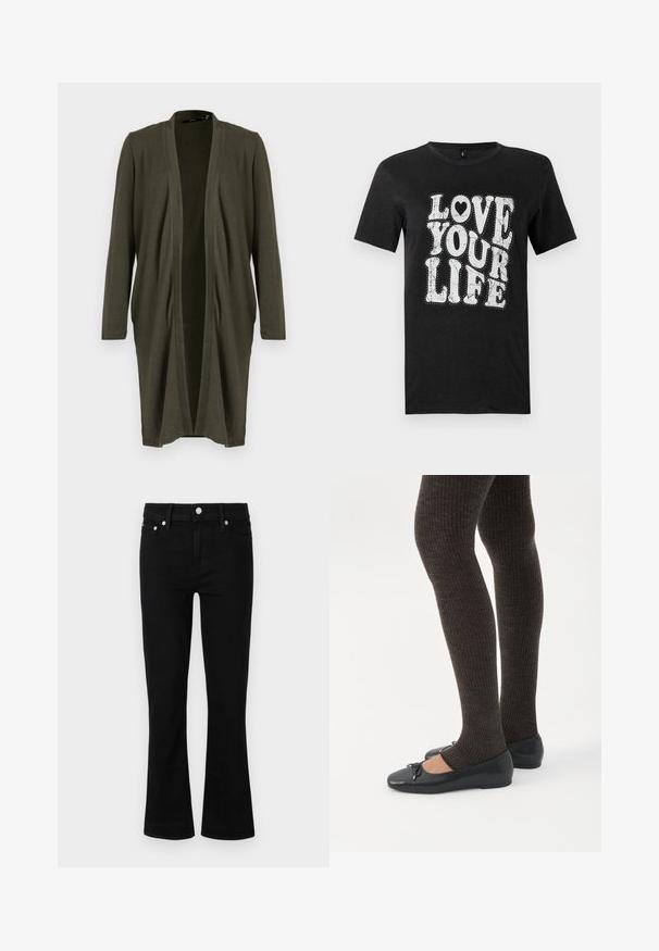 Olijfgroen open cardigan met lange mouwen, gemaakt van een zachte, lichte stof, met een gedrapeerde voorkant en zonder sluitingen.; Zwart katoenen t-shirt met witte tekst die zegt "LOVE YOUR LIFE." Het ontwerp bevat decoratieve stippen en een hartaccent. Korte mouwen.; Zwarte denim flared jeans met een nauwsluitende taille, vijf-pocket ontwerp en zilveren hardware accenten, met een gladde textuur en standaard lengte.; Benen met donkere geribbelde leggings gecombineerd met zwarte ballerina's met kleine strikdetails op een witte achtergrond.