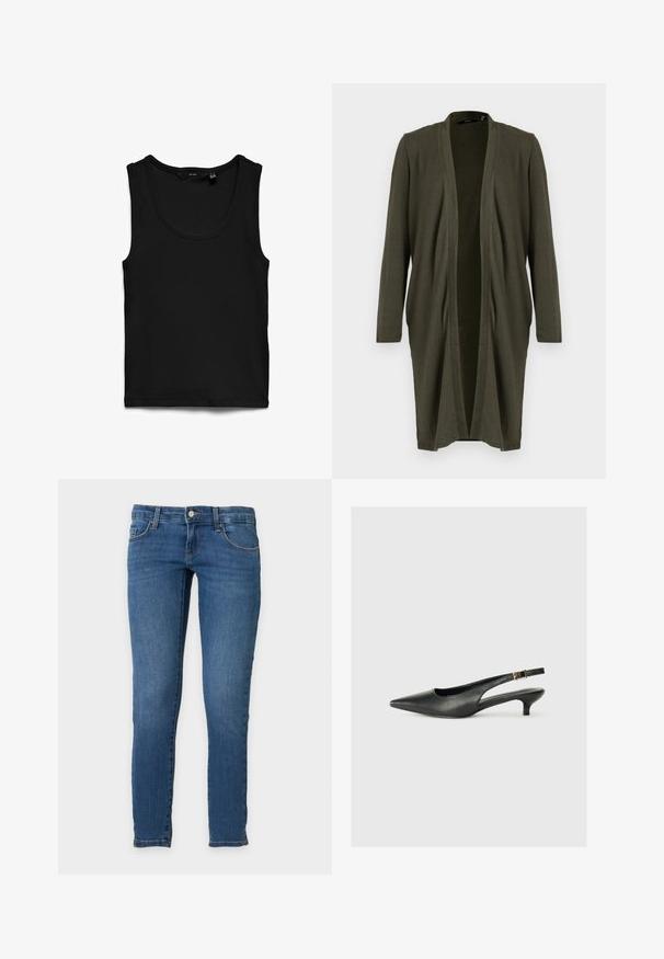 Ελαιόχρωμο ανοιχτό cardigan με μακριά μανίκια, κατασκευασμένο από μαλακό, ελαφρύ ύφασμα, με κρεμαστό μπροστινό μέρος και χωρίς κλεισίματα.; Μαύρο ριμπ αμάνικο τοπ με στρογγυλή λαιμόκοψη, τοποθετημένο επίπεδα σε λευκό φόντο.; Μπλε στενά τζιν με κουμπί και φερμουάρ μπροστά, δύο μπροστινές τσέπες και θηλιές για ζώνη, παρουσιάζονται σε απλό ανοιχτό φόντο.; Μαύρο παπούτσι slingback με μυτερή μύτη, κατασκευασμένο από λείο δέρμα. Διαθέτει λεπτό τακούνι και λεπτομέρεια με αγκράφα στη ρυθμιζόμενη λωρίδα.