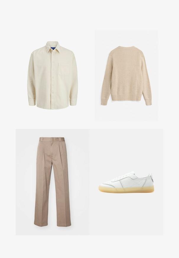Beige striktrøje med lange ærmer, ribbet manchetter, kant og rund halsudskæring, vist bagfra på hvid baggrund.; Beige corduroy skjorte med knaplukning foran, krave, lange ærmer og en enkelt brystlomme. Har smalle lodrette striber.; Beige, høj talje bukser med bred ben-design. Har to forreste plisseringer og en glat tekstur. Standard længde med en ren finish.; Hvid lavtop læder sneaker med beige gennemsigtig sål, snørelukning foran og minimal syning, vist fra siden mod en ensfarvet baggrund.