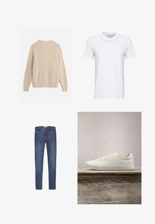 Beige striktrøje med lange ærmer, ribbet manchetter, kant og rund halsudskæring, vist bagfra på hvid baggrund.; Hvid t-shirt med korte ærmer lavet af bomuld, med en rund hals og et enkelt design. Brandtag synlig på halsområdet. Ingen mønstre eller accenter.; Denimjeans i mørkeblå vask med lige ben, fem-lommers design og kontrastsyning. Lukket med knap og lynlås.; Hvide snørresneakers svævende over en træbænk med grønne planter i baggrunden, der fremhæver skodesign og tekstur.