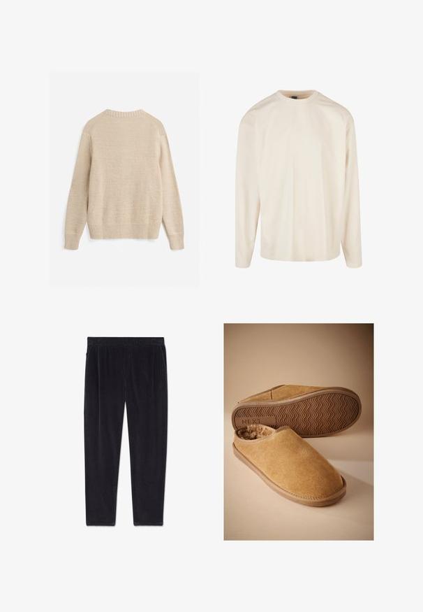 Jersey beige de punto con mangas largas, puños acanalados, dobladillo y escote redondo, mostrado por detrás sobre un fondo blanco.; Camiseta de manga larga en color crema, fabricada en algodón. Presenta un escote redondeado y un corte relajado, sin patrones ni acentos visibles.; Pantalones de pana negros con cintura elástica y bolsillos laterales, mostrados extendidos sobre un fondo blanco.; Zapatillas marrones de ante tipo slip-on con forro de lana suave y suela de goma texturizada, una zapatilla mostrando la suela con la marca "NEXT".