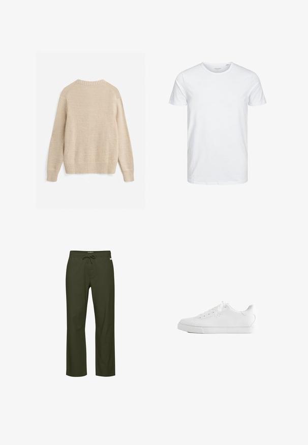 Beigefarbener Strickpullover mit langen Ärmeln, gerippten Bündchen, Saum und Rundhalsausschnitt, von hinten vor weißem Hintergrund gezeigt.; Rundhals-T-Shirt mit kurzen Ärmeln in reinem Weiß, aus weicher Baumwolle, mit einem schlichten Design ohne sichtbare Muster oder Akzente.; Olivegrüne Hose mit Kordelzugbund, geradem Bein, weicher Stoffstruktur und einem dezenten Logotag vorne.; Weißer Low-Top-Sneaker mit Schnürsenkeln, glattem Lederobermaterial und flacher Gummisohle, seitlich auf weißem Hintergrund gezeigt.