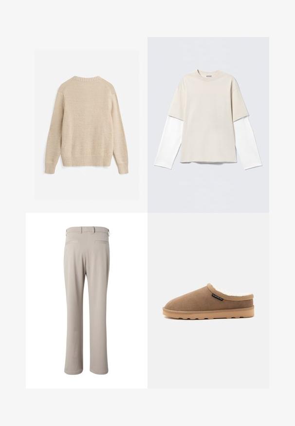 Jersey beige de punto con mangas largas, puños acanalados, dobladillo y escote redondo, mostrado por detrás sobre un fondo blanco.; Camiseta beige de manga corta superpuesta sobre una camisa blanca de manga larga con cuello redondo y etiqueta "WEEKDAY" dentro del cuello.; Pantalones beige de corte recto mostrados por detrás, con trabillas para cinturón y dos bolsillos de vivo en la cintura.; Zapatilla marrón sin cordones con suela beige y forro blanco peludo, etiqueta lateral con el logo de Quiksilver, mostrada de perfil sobre un fondo liso.