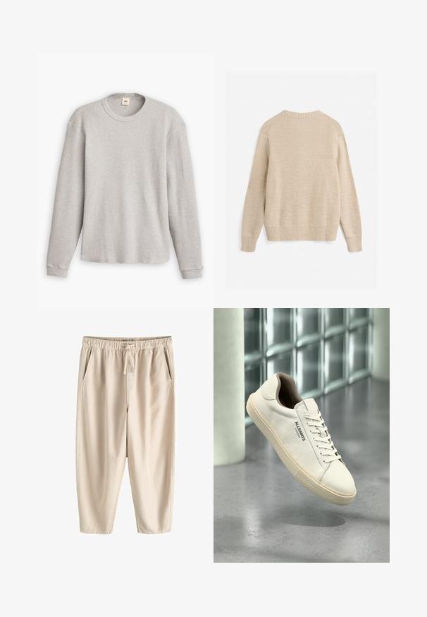 Jersey beige de punto con mangas largas, puños acanalados, dobladillo y escote redondo, mostrado por detrás sobre un fondo blanco.; Suéter de punto gris de manga larga con textura acanalada, cuello redondo y dobladillo recto. Los puños son ajustados y están hechos de una tela suave.; Pantalones beige casual con cintura elástica y cordón, con bolsillos laterales y un ajuste relajado y recto en las piernas.; Zapatilla de lona blanca con suela y cordones beige, logo "AllSaints London" a un lado, flotando sobre un suelo gris pulido cerca de bloques de cristal.