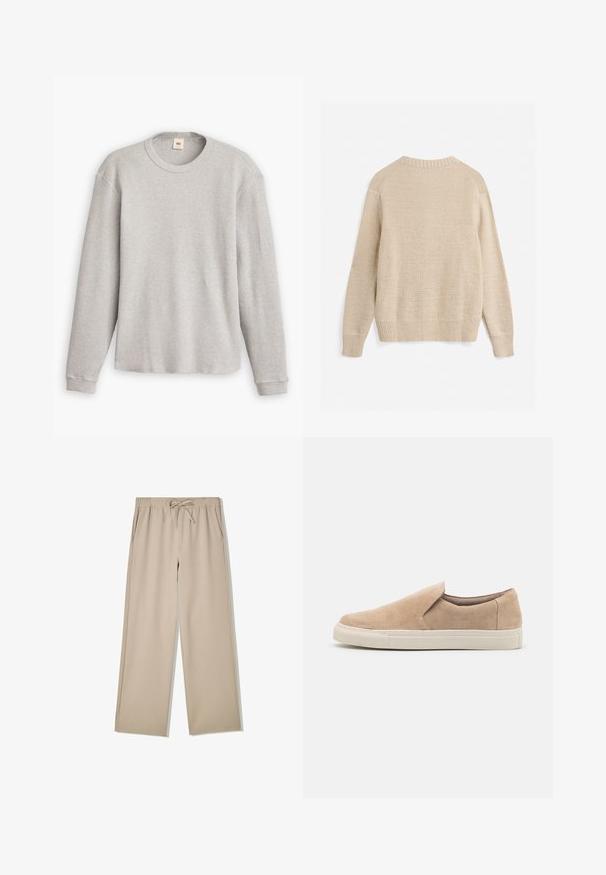 Pull beige en maille avec manches longues, poignets, ourlet et encolure ronde côtelés, montré de dos sur fond blanc.; Pull en maille gris à manches longues avec une texture côtelée, encolure ronde et ourlet droit. Les poignets sont ajustés et fabriqués en tissu doux.; Pantalon beige à jambes larges avec taille élastique et cordon de serrage, doté de poches latérales, posé à plat sur fond blanc.; Chaussure slip-on beige en daim, avec un bout arrondi, des côtés élastiques et une semelle en caoutchouc blanc avec des accents texturés.