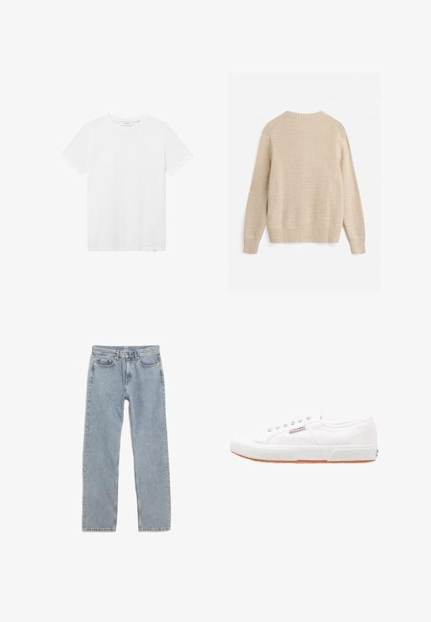 Jersey beige de punto con mangas largas, puños acanalados, dobladillo y escote redondo, mostrado por detrás sobre un fondo blanco.; Camiseta de algodón blanca con cuello redondo, mangas cortas y un sutil detalle del logo en el pecho. Textura suave y ajuste estándar.; Jeans rectos de mezclilla azul claro, con cinco bolsillos, costuras doradas y una cintura con trabillas para cinturón.; Zapatillas de lona blancas con suela de goma, diseño de cordones y una pequeña etiqueta con el logo en el lateral. Parte superior texturizada blanca y suela marrón.
