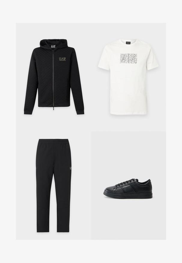 Μαύρο φούτερ με φερμουάρ και το λογότυπο EA7 Emporio Armani στο στήθος, μακριά μανίκια και κουκούλα, εμφανίζεται μπροστά σε απλό ανοιχτό φόντο.; Άσπρη κοντομάνικη μπλούζα με στρογγυλή λαιμόκοψη, με αφηρημένο ασπρόμαυρο γραφικό που απεικονίζει επικαλυπτόμενα γράμματα "A" και "X" στο κέντρο του στήθους.; Μαύρο στενό αθλητικό παντελόνι με ελαστική μέση και μικρό λευκό λογότυπο "EA7 Emporio Armani" στον άνω μηρό.; Μαύρο δερμάτινο αθλητικό παπούτσι με λεία φινίρισμα, στρογγυλή μύτη, κορδόνια μπροστά, μαξιλαράκι στον αστράγαλο και υφή στις πλευρές. Διακριτική λεπτομέρεια με λογότυπο ορατή.