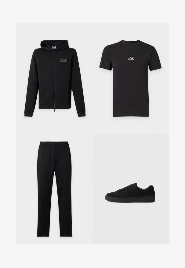 Μαύρο φούτερ με φερμουάρ και το λογότυπο EA7 Emporio Armani στο στήθος, μακριά μανίκια και κουκούλα, εμφανίζεται μπροστά σε απλό ανοιχτό φόντο.; Μαύρο T-shirt με κοντά μανίκια από απαλό ύφασμα, με μικρό λευκό λογότυπο EA7 Emporio Armani στο στήθος. Κλασικός στρογγυλός λαιμός.; Μαύρο παντελόνι με ίσια γραμμή και ελαστική μέση, χωρίς ορατές τσέπες ή σχέδια, εμφανίζεται επίπεδο σε ανοιχτό φόντο.; Μαύρο σουέτ αθλητικό παπούτσι με επίπεδη, υφασμάτινη σόλα, στρογγυλή μύτη, έξι θηλιές για κορδόνια και μινιμαλιστικό σχεδιασμό.