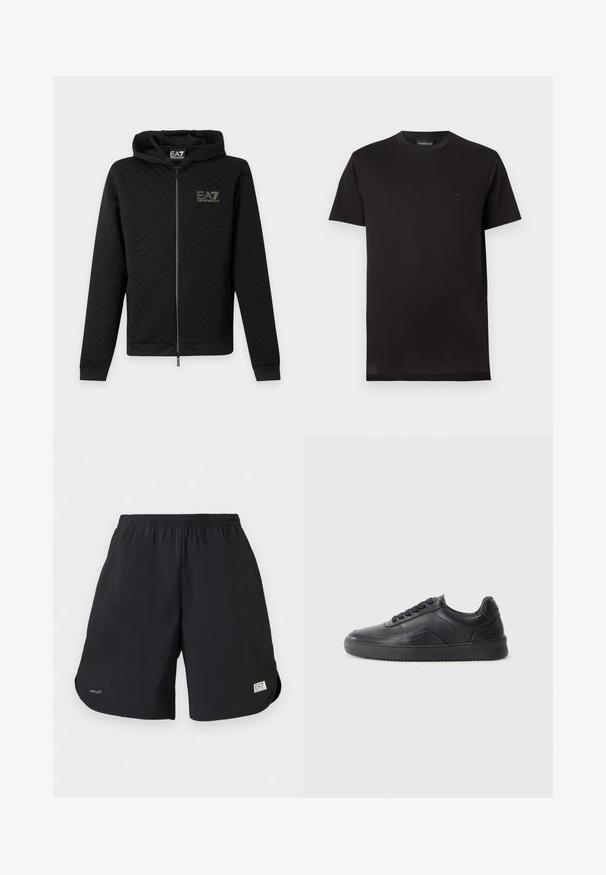 Sweat à capuche zippé noir avec le logo EA7 Emporio Armani sur la poitrine, manches longues et capuche, présenté sur un fond uni clair.; T-shirt noir uni à manches courtes avec col rond et petit logo noir sur la poitrine gauche, sur fond blanc.; Shorts décontractés noirs avec taille élastique, petit texte "VENTUS7" sur la jambe gauche, et écusson logo EA7 Emporio Armani sur l'ourlet de la jambe droite.; Chaussure de sport en cuir noir avec une finition lisse, bout arrondi, panneau latéral texturé et lacets noirs. Présente une semelle en caoutchouc plate et un design minimaliste.