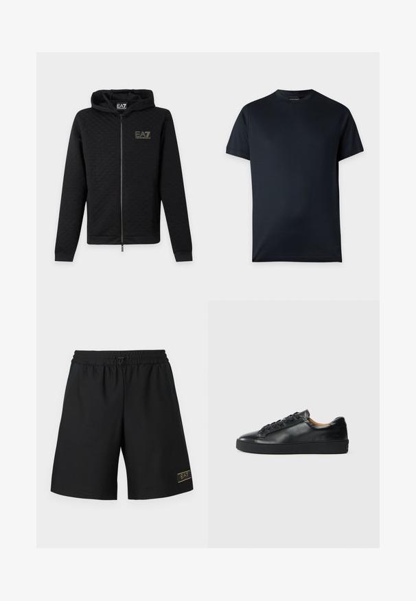 Sweat à capuche zippé noir avec le logo EA7 Emporio Armani sur la poitrine, manches longues et capuche, présenté sur un fond uni clair.; T-shirt noir uni à manches courtes et col rond avec un petit logo près de l'ourlet sur un fond gris clair.; Shorts de sport noirs en tissu texturé, dotés d'une taille élastique avec un cordon de serrage et d'un petit logo doré sur le côté inférieur.; Baskets en cuir noir avec une texture lisse, bout rond et fermeture à lacets. Comprend une semelle en caoutchouc épaisse et un minimum de détails de marque.
