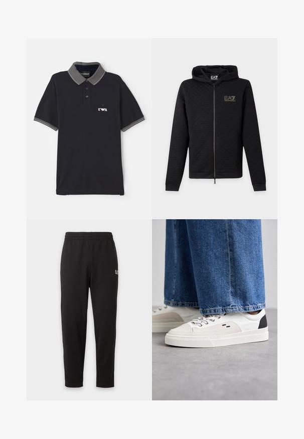 Čierna mikina s kapucňou na zips s logom EA7 Emporio Armani na hrudi, dlhými rukávmi a kapucňou, zobrazená na jednoduchom svetlom pozadí.; Námornícka polokošeľa vyrobená z bavlny s pruhovaným golierom. Obsahuje tri gombíky, krátke rukávy a logo na ľavej strane hrudníka.; Čierne elastické tepláky so zúženými nohavicami a malým bielym logom na hornej ľavej stehne.; Biele a čierne tenisky s hladkým koženým zvrškom, štruktúrovanými akcentmi a masívnou bielou podrážkou. Obsahujú klasický dizajn so šnurovaním.