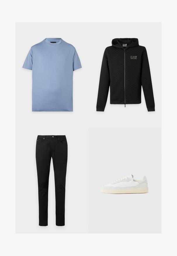 Sweat à capuche zippé noir avec le logo EA7 Emporio Armani sur la poitrine, manches longues et capuche, présenté sur un fond uni clair.; T-shirt uni bleu clair à manches courtes et col rond avec un petit logo discret sur la partie gauche de la poitrine sur fond blanc.; Pantalon slim noir pour homme avec bouton frontal, fermeture éclair, passants pour ceinture et design à cinq poches sur un fond clair uni.; Baskets blanches avec dessus en daim et cuir texturé. Caractérisées par un bout arrondi, une fermeture à lacets et une semelle en caoutchouc beige contrastante.