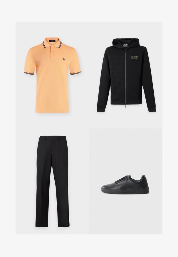 Μαύρο φούτερ με φερμουάρ και το λογότυπο EA7 Emporio Armani στο στήθος, μακριά μανίκια και κουκούλα, εμφανίζεται μπροστά σε απλό ανοιχτό φόντο.; Ανδρικό μπλουζάκι πόλο με κοντά μανίκια σε ροδακινί χρώμα, με πλάκα δύο κουμπιών, διπλή ρίγα σε ναυτικό μπλε στο γιακά και στις άκρες των μανικιών, και μικρό λογότυπο με στεφάνι δάφνης στο στήθος.; Μαύρο παντελόνι με ίσια γραμμή από απαλό ύφασμα. Διαθέτει κανονική μέση και δεν έχει ορατά σχέδια ή διακοσμητικά στοιχεία.; Μαύρο δερμάτινο αθλητικό παπούτσι με λεία επιφάνεια, στρογγυλή μύτη, υφασμάτινη πλευρική επένδυση και μαύρες κορδόνες. Διαθέτει επίπεδη ελαστική σόλα και μίνιμαλ σχέδιο.