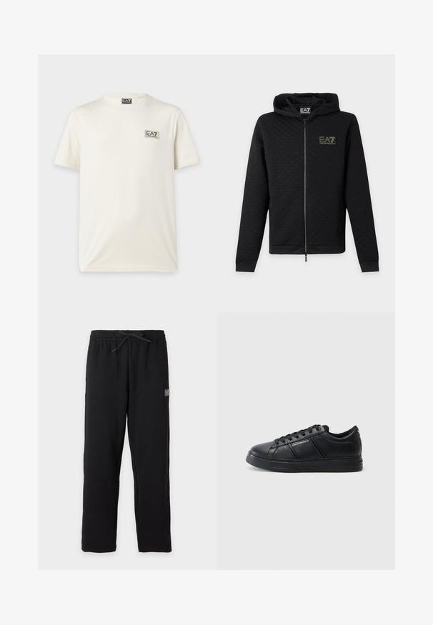 Μαύρο φούτερ με φερμουάρ και το λογότυπο EA7 Emporio Armani στο στήθος, μακριά μανίκια και κουκούλα, εμφανίζεται μπροστά σε απλό ανοιχτό φόντο.; Απλό λευκό κοντομάνικο μπλουζάκι με στρογγυλή λαιμόκοψη και μικρό ασπρόμαυρο λογότυπο EA7 Emporio Armani στο αριστερό στήθος.; Μαύρη φόρμα με ελαστική μέση και κορδόνι, με ένα μικρό ορθογώνιο λογότυπο EA7 στο πάνω αριστερό μηρό.; Μαύρο δερμάτινο αθλητικό παπούτσι με λεία φινίρισμα, στρογγυλή μύτη, κορδόνια μπροστά, μαξιλαράκι στον αστράγαλο και υφή στις πλευρές. Διακριτική λεπτομέρεια με λογότυπο ορατή.