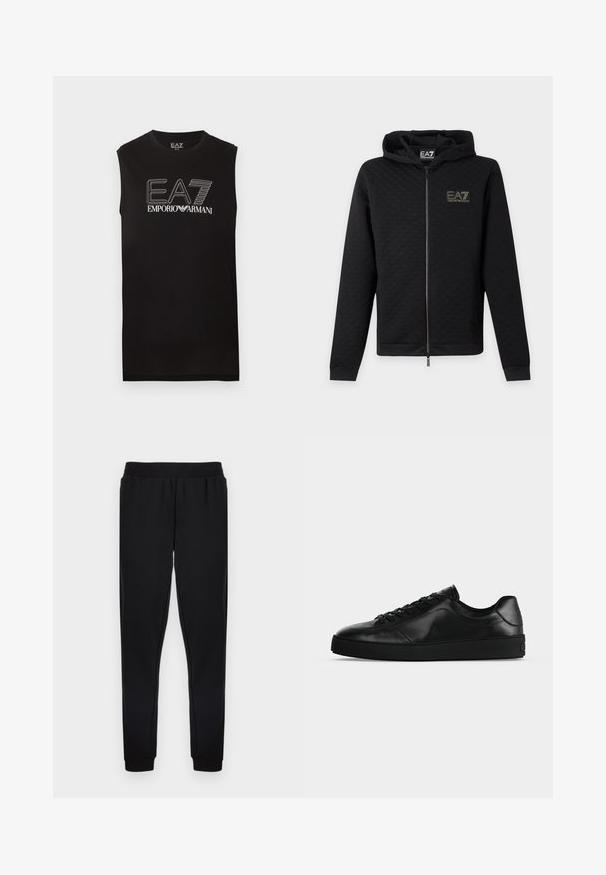Μαύρο φούτερ με φερμουάρ και το λογότυπο EA7 Emporio Armani στο στήθος, μακριά μανίκια και κουκούλα, εμφανίζεται μπροστά σε απλό ανοιχτό φόντο.; Μαύρο αμάνικο t-shirt με λευκό λογότυπο "EA7 Emporio Armani" στο κέντρο του στήθους, με στρογγυλή λαιμόκοψη και ίσιο τελείωμα.; Μαύρο παντελόνι φόρμας με ελαστική μέση, στενά πόδια και ριμπ μανσέτες στους αστραγάλους, κατασκευασμένο από μαλακό ύφασμα χωρίς ορατά μοτίβα.; Χαμηλού προφίλ μαύρο δερμάτινο αθλητικό παπούτσι με κορδόνια μπροστά και υφασμένο επίπεδο σόλα, εμφανίζεται από το πλάι σε ουδέτερο φόντο.