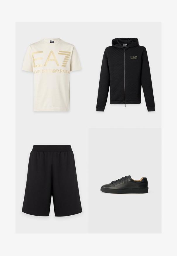 Μαύρο φούτερ με φερμουάρ και το λογότυπο EA7 Emporio Armani στο στήθος, μακριά μανίκια και κουκούλα, εμφανίζεται μπροστά σε απλό ανοιχτό φόντο.; Εκρού κοντομάνικη μπλούζα με μεγάλα μεταλλικά χρυσά γράμματα "EA7" και λογότυπο "Emporio Armani" στο στήθος.; Μαύρο σορτς με ελαστική μέση, κατασκευασμένο από μαλακό ύφασμα, με ευθείς γραμμές στα πόδια και χωρίς έντονα σχέδια ή διακοσμήσεις.; Μαύρο χαμηλό δερμάτινο αθλητικό παπούτσι με υφή, μαύρες κορδόνες και χοντρή καουτσούκ σόλα, εμφανίζεται από το πλάι σε φωτεινό φόντο.