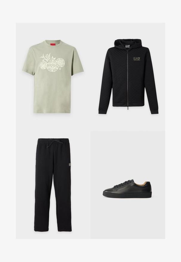 Μαύρο φούτερ με φερμουάρ και το λογότυπο EA7 Emporio Armani στο στήθος, μακριά μανίκια και κουκούλα, εμφανίζεται μπροστά σε απλό ανοιχτό φόντο.; Ανοιχτό πράσινο κοντομάνικο μπλουζάκι με λευκό λουλουδάτο σχέδιο, εικόνα πουλιού και κείμενο "HUGO" στο κέντρο του στήθους.; Μαύρη φόρμα με ελαστική μέση και κορδόνι, με ένα μικρό ορθογώνιο λογότυπο EA7 στο πάνω αριστερό μηρό.; Μαύρο χαμηλό δερμάτινο αθλητικό παπούτσι με υφή, μαύρες κορδόνες και χοντρή καουτσούκ σόλα, εμφανίζεται από το πλάι σε φωτεινό φόντο.