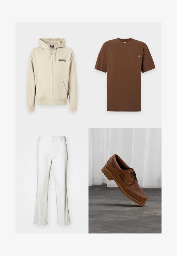 Sweat à capuche beige à fermeture éclair avec poches avant, capuche à cordon et logo "Dickies" sur la poitrine gauche.; T-shirt en coton marron à manches courtes avec une poche sur le côté gauche de la poitrine ornée d'un petit patch logo circulaire.; Pantalons en coton blanc avec une coupe droite, dotés d'une taille et de poches standard. Le tissu semble lisse et légèrement texturé.; Chaussure de bateau en cuir marron avec des lacets noirs, des coutures beiges et une semelle robuste, suspendue au-dessus d'un sol en béton gris.