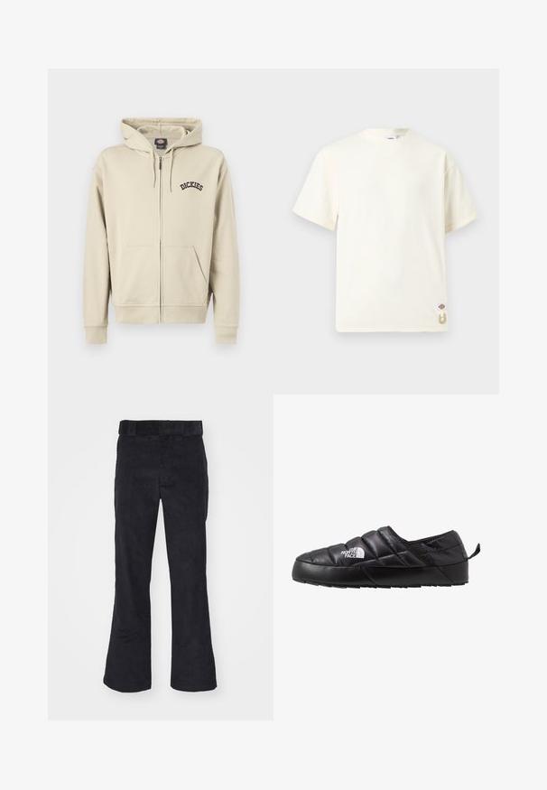 Beige hættetrøje med lynlås, forlommer, snøre i hætten og "Dickies"-logo på venstre bryst.; Enkelt off-white kortærmet bomuld T-shirt med rund hals, lille logomærke og beige snordetalje nær bundkanten.; Sorte kordfløjl bukser med en afslappet pasform, der har en klassisk talje og flagrende ben, blød tekstur og uden synlige mønstre eller detaljer.; Sort slip-on sko med et quiltet design, lavet af polstret materiale. Har en struktureret gummisål og et lille trækstrop bagpå.