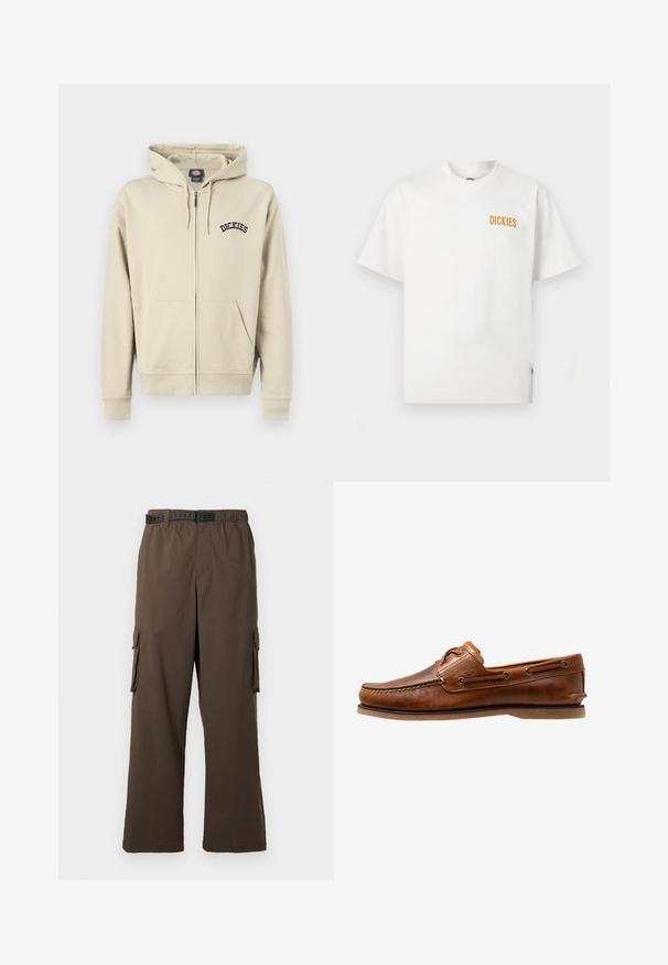 Sweat à capuche beige à fermeture éclair avec poches avant, capuche à cordon et logo "Dickies" sur la poitrine gauche.; T-shirt blanc à manches courtes avec col rond, petit logo orange "DICKIES" sur la partie supérieure gauche de la poitrine.; Pantalon cargo marron à coupe ample, taille élastique et deux poches latérales. Il est doté d'une ceinture noire à motifs, avec une texture lisse.; Chaussures bateau en cuir marron avec des accents cousus, présentant des œillets en métal, une couture surélevée sur le bout et une semelle plate en caoutchouc.
