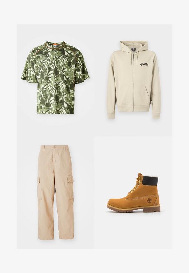 Beiger Kapuzenpullover mit Reißverschluss, Vordertaschen, Kordelzugkapuze und "Dickies"-Logo auf der linken Brust.; Grünes kurzärmliges T-Shirt mit einem strukturierten Blättermuster, das einen orangefarbenen Akzent am Kragen und eine lockere Passform aufweist. Hergestellt aus atmungsaktivem Material.; Beige Cargo-Hose mit lockerer Passform, aus leichtem Stoff gefertigt, mit zwei seitlichen Cargo-Taschen und einem Knopfverschluss an der Taille.; Braune Leder-Ankle-Boots mit Metallösen, weißem Kunstfellfutter, schwarzem gepolstertem Kragen, robustem Sohlenprofil und geprägtem Logo an der Seite.