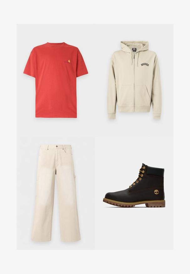 Sweat à capuche beige à fermeture éclair avec poches avant, capuche à cordon et logo "Dickies" sur la poitrine gauche.; T-shirt en coton rouge avec col rond, manches courtes, et petit logo jaune sur le côté gauche de la poitrine. Texture lisse, design décontracté.; Pantalon beige à jambes larges avec poches avant, fermeture par boutons et passants de ceinture, présenté sur un fond blanc uni.; Bottine noire en cuir avec œillets dorés, accents marron et semelle en caoutchouc. Comprend un col rembourré et un logo estampé sur le côté.